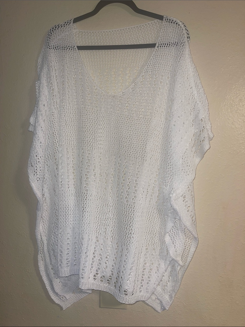 White Open-Knit V-Neck Poncho Sweater